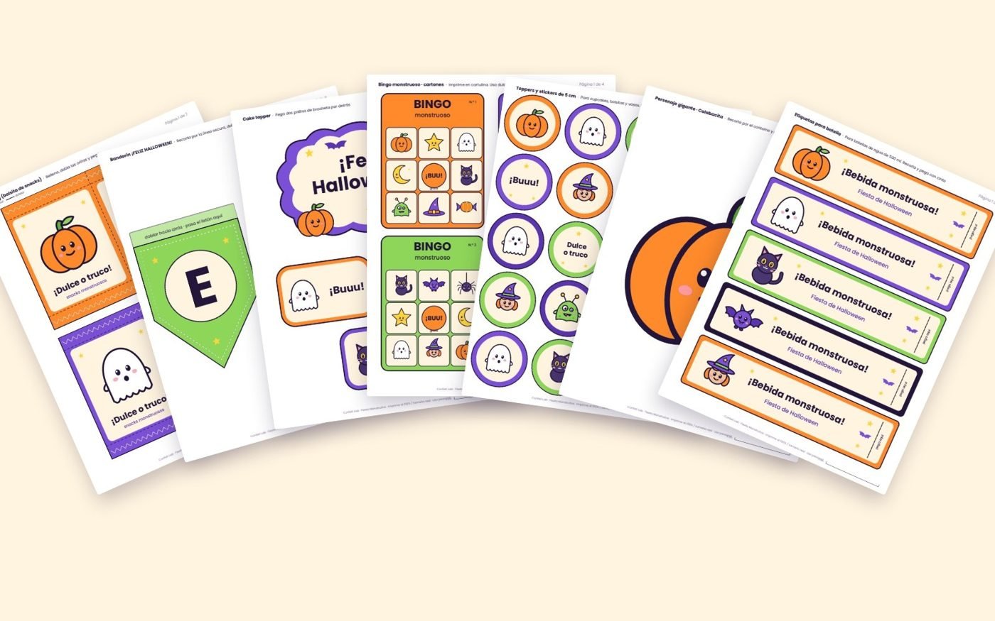 Páginas imprimibles del kit: cajitas, banderín, bingo, toppers y etiquetas